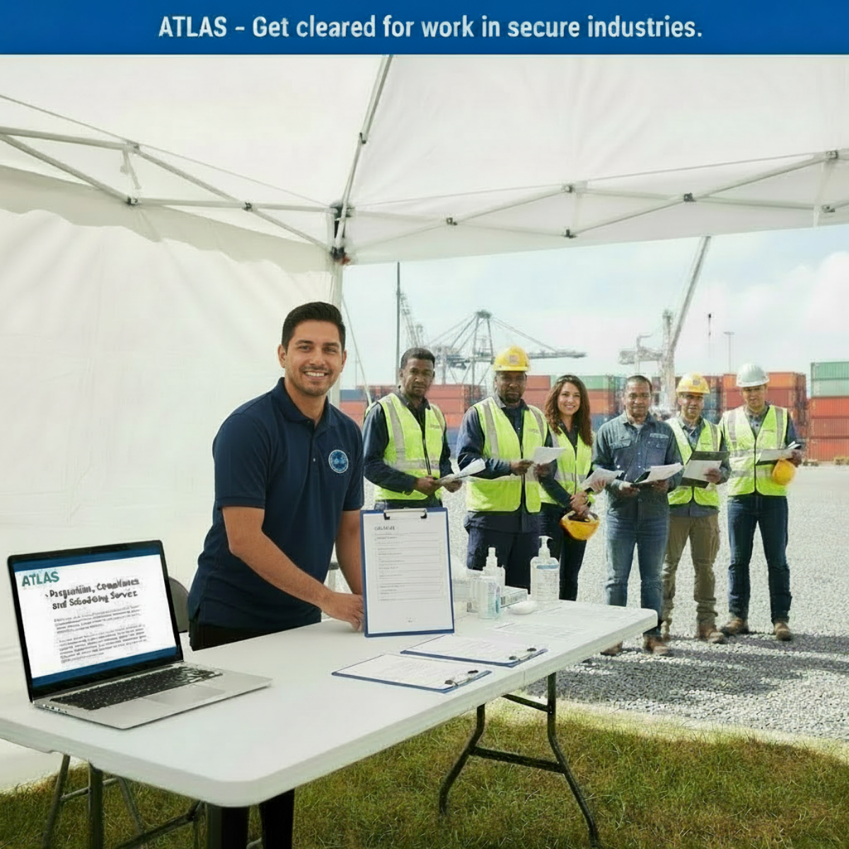 Group of industrial workers and a manager standing under a white tent at a construction site with cranes and cargo containers in the background. The man at the table is smiling, with laptops and clipboards in front of him.