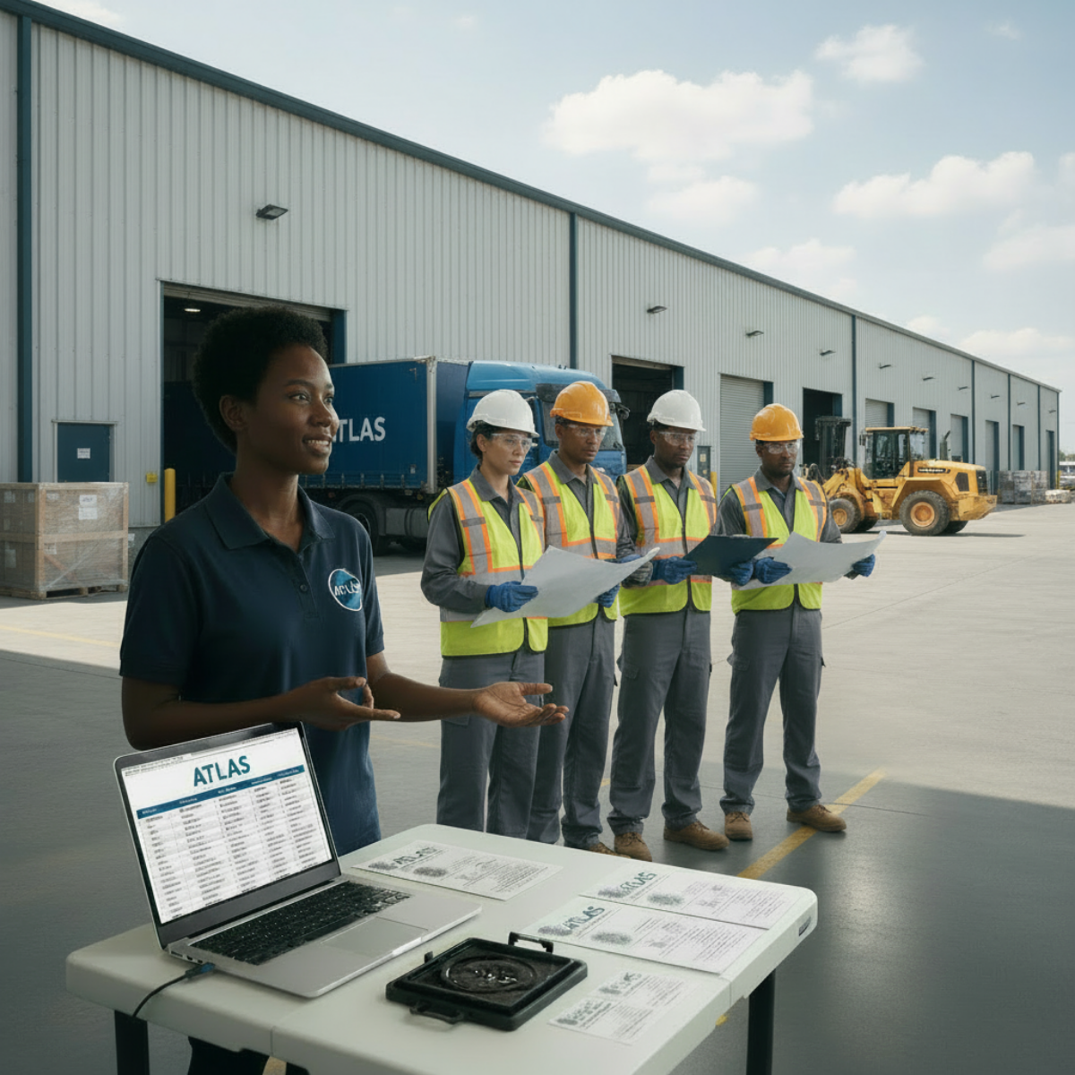 A diverse group of five workers wearing safety vests and helmets stand in a warehouse, reviewing documents. A woman with a laptop and printed documents stands in front of them, leading the discussion.