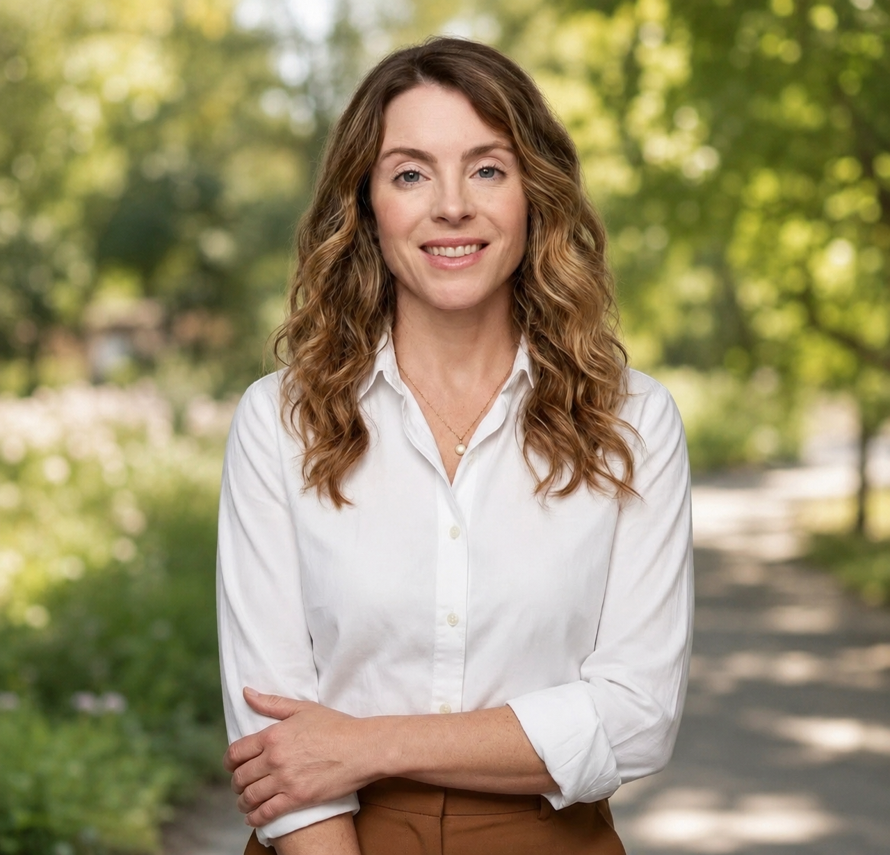 A woman's health coach with wavy, light brown hair smiling outdoors, wearing a white button-up shirt and a delicate necklace, with a green, blurry background of trees and a pathway.