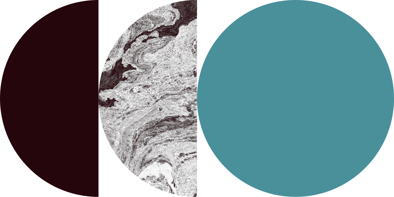 Abstract digital artwork with swirling black and white marble pattern on the left side and large teal circle on the right side.