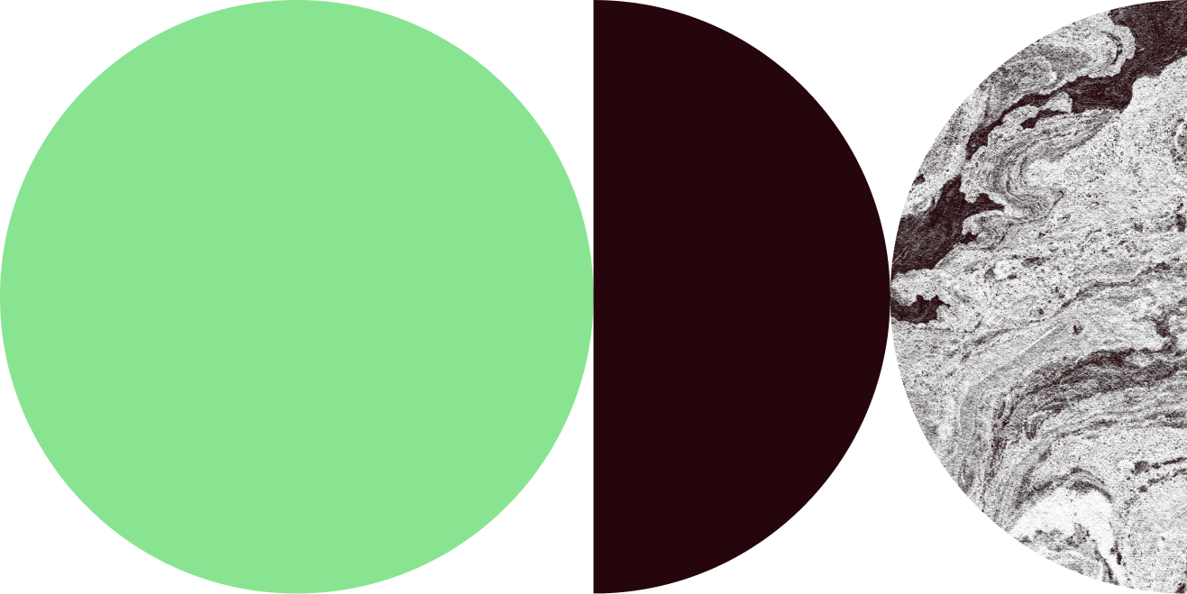 Two circular screens displaying abstract artwork, one with green tones and the other with black and white marbled patterns.