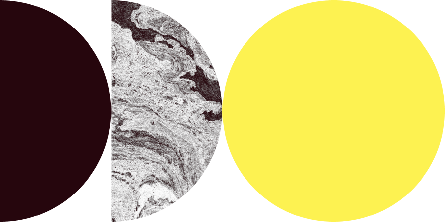 A black sphere on the left, a marbled black and white pattern in the middle, and a large yellow circle on the right.