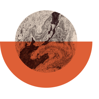 Abstract image with a grayscale circular shape resembling a planet or moon overlaid with orange and green sections, featuring some distortion and digital artifacts.