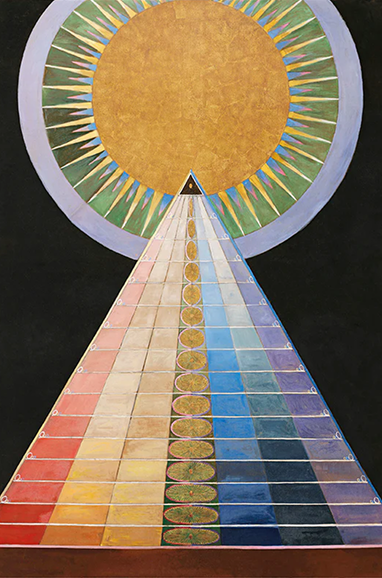 A colorful abstract painting featuring a large golden circle with an outer ring of green and multicolored triangular shapes, and a long pathway made of multicolored squares leading to a small black triangular structure at the center of the circle.