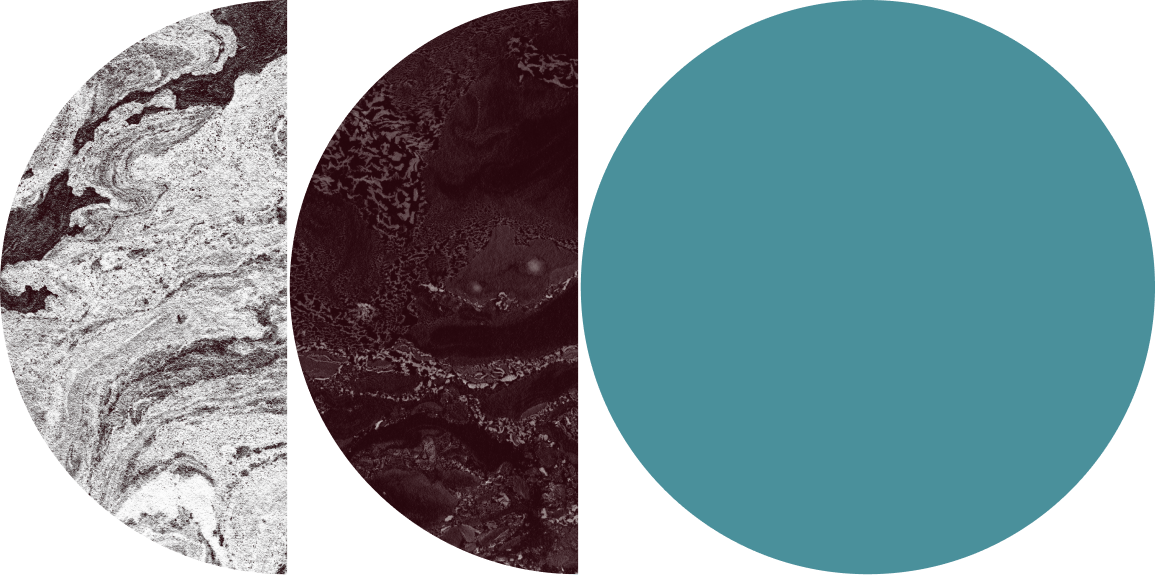 Abstract digital artwork with sections of swirling marble textures and geometric shapes in muted colors.