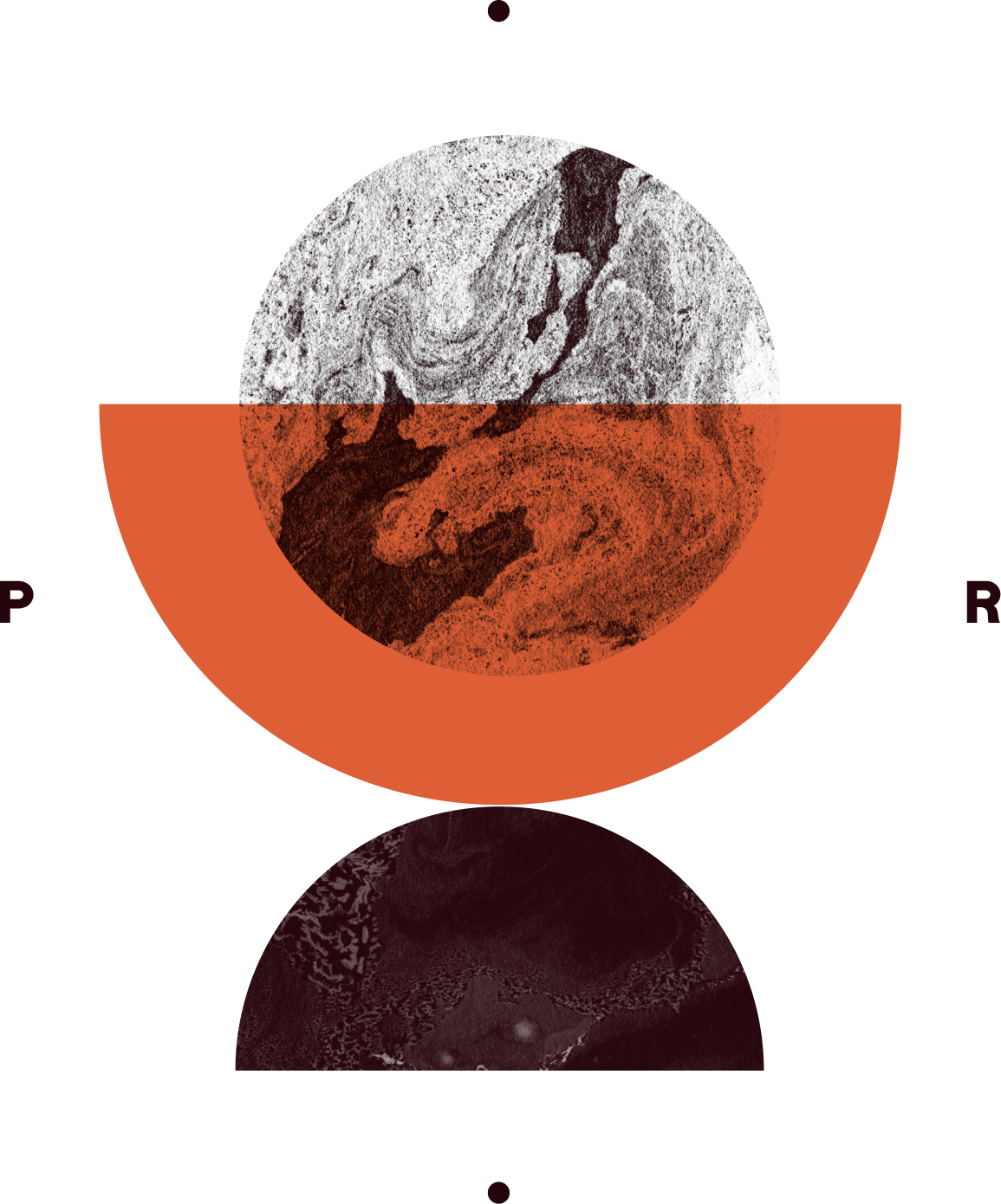 An abstract digital art composition with a circular image of a planet, divided into black, white, and reddish-orange sections, with glitch effects and geometric overlays.