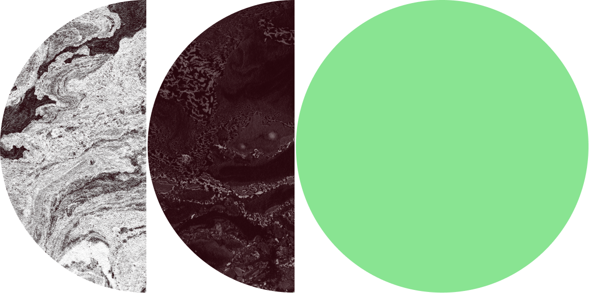 Abstract graphic design with swirling black, white, gray textures on the left and a large green curved shape on the right.