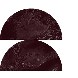 Close-up view of two dark red metallic objects with rough texture and curved surfaces.