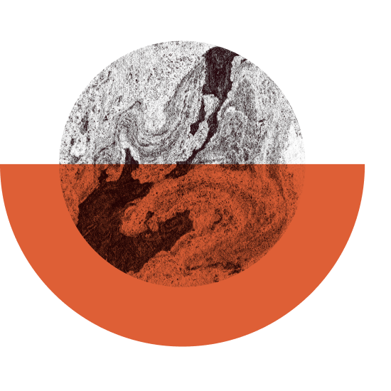 Abstract artistic image with a circular design featuring black and white marble patterns in the upper half and red and black swirling patterns in the lower half, with a teal diagonal line in the bottom right corner.