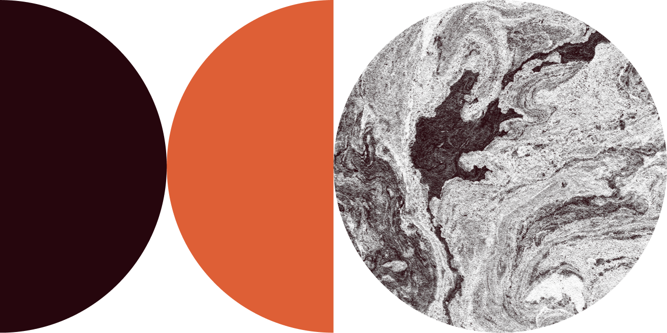 Abstract graphic design with a marbled black and white sphere, orange and black shapes, and a gradient background.