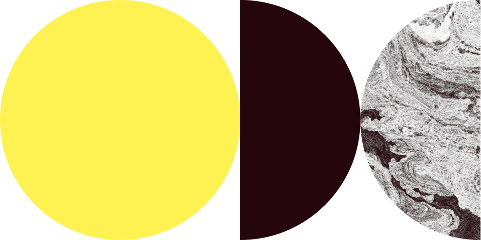 Half of the image features a yellow background with rounded edges and a small green arrow in the lower right corner. The other half shows a black circle overlapping a textured gray and white marble pattern.