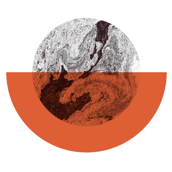 Design featuring two circles, one gray with a marbled pattern, and one terracotta-colored, overlaid partially.