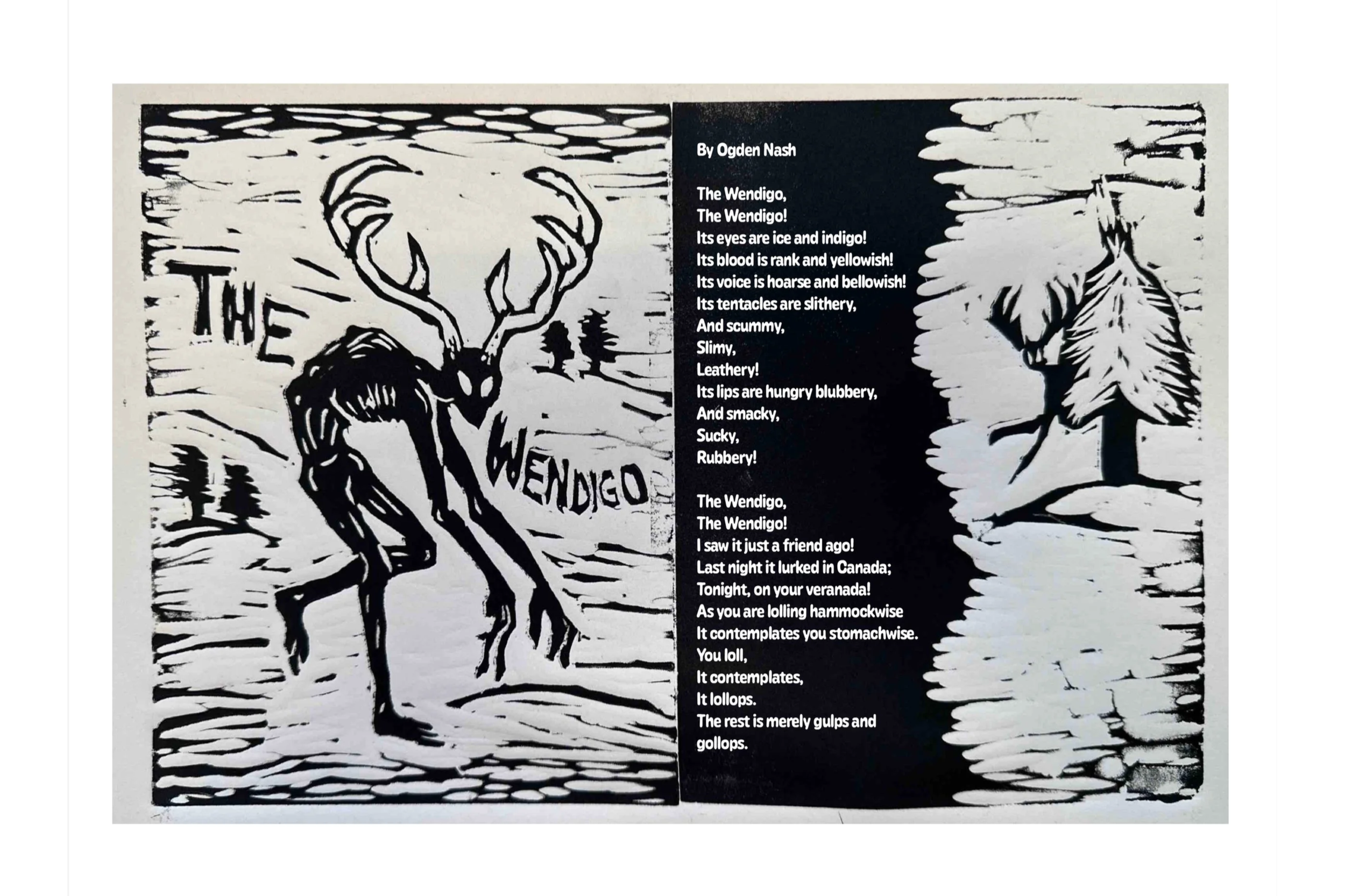 The Wendigo, linoleum block print and digital text, 2024