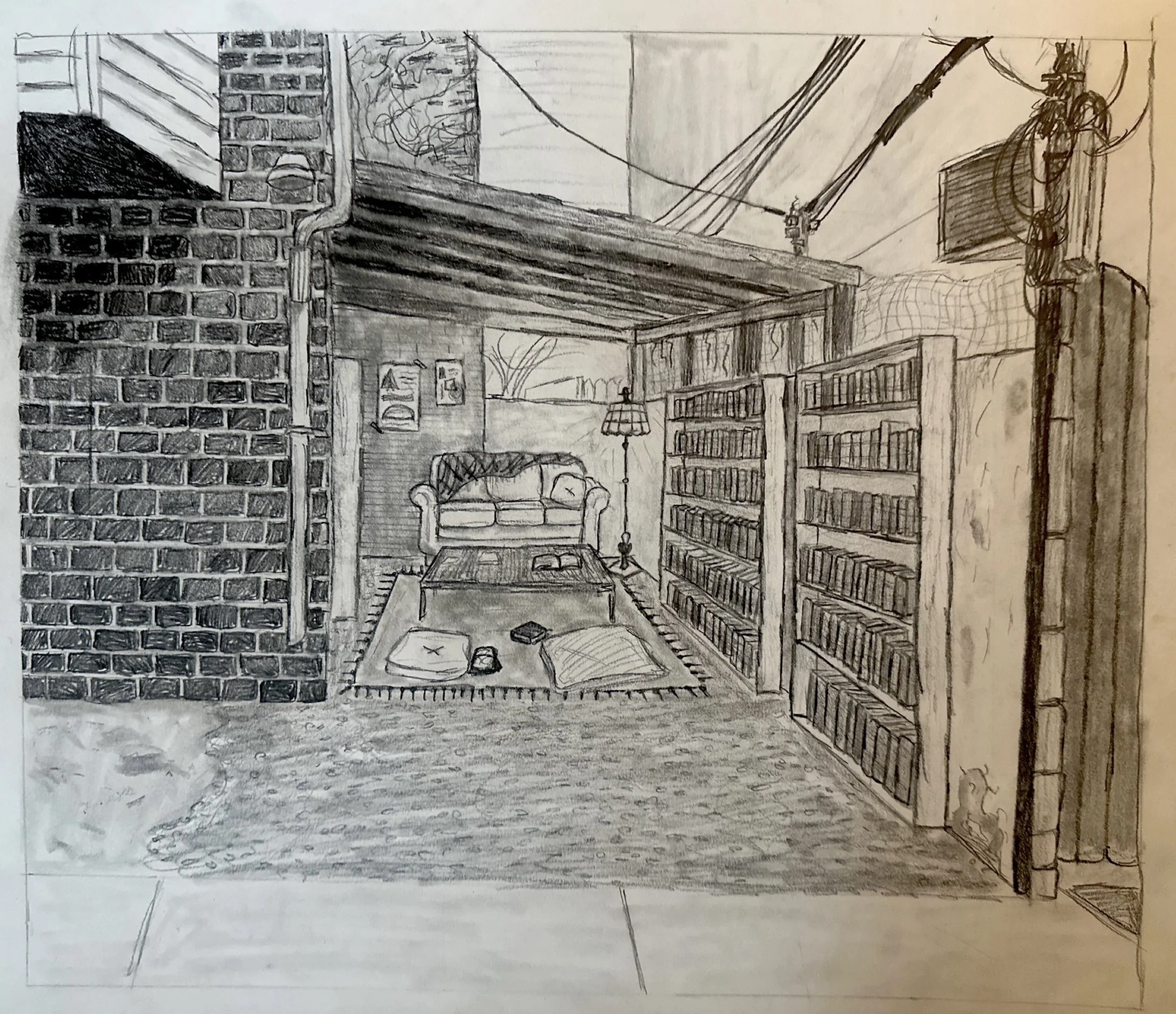 Secret library, charcoal and graphite drawing, 2024