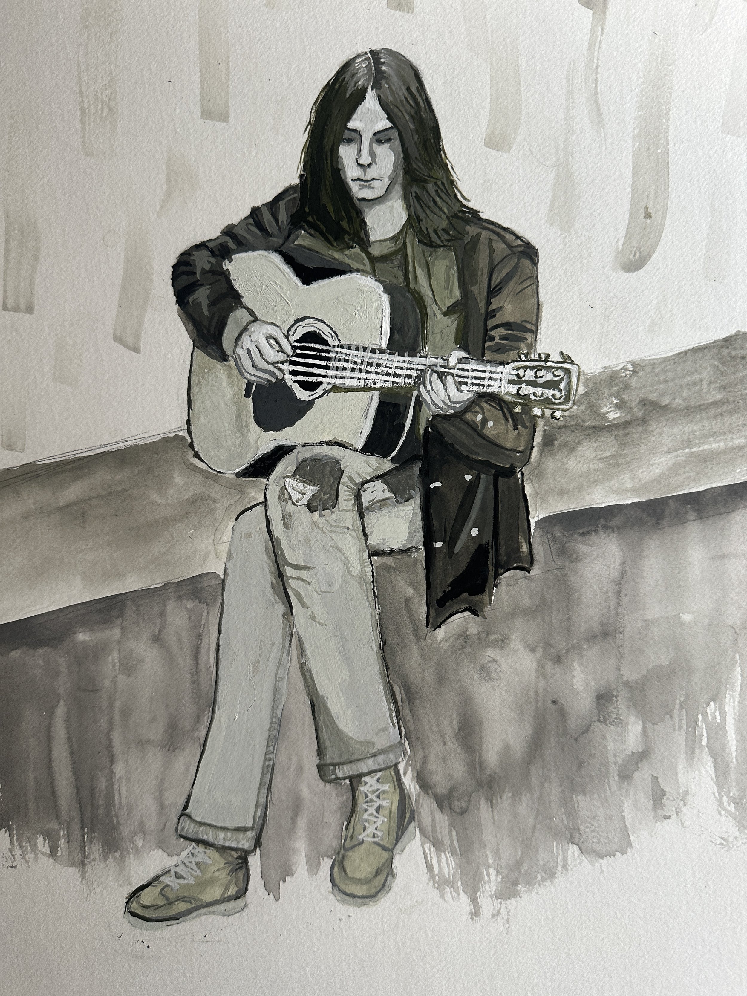 Neil Young, gouache portrait, 2025