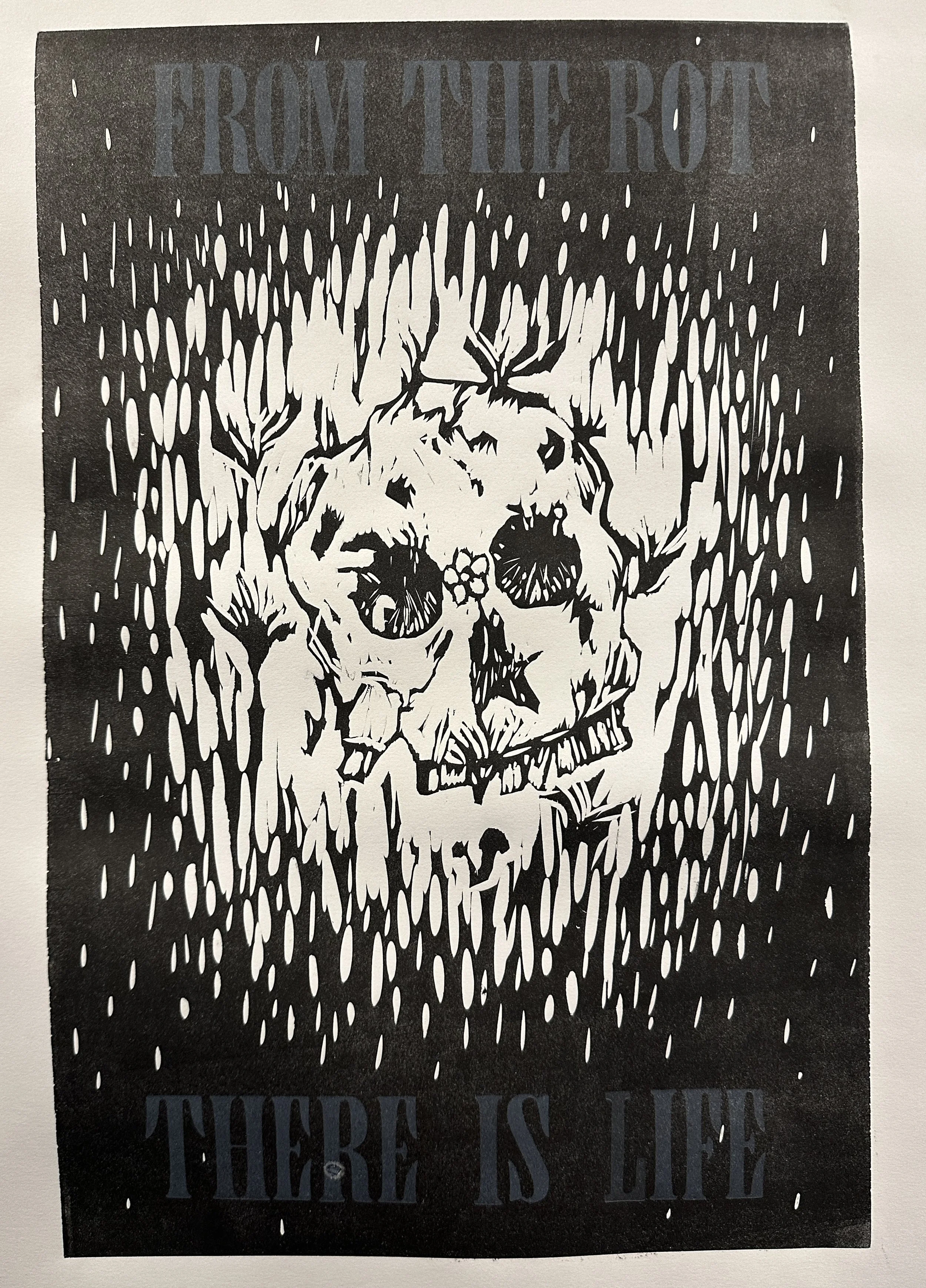 The Rot, linoleum block print and wood letterpress type, 2024