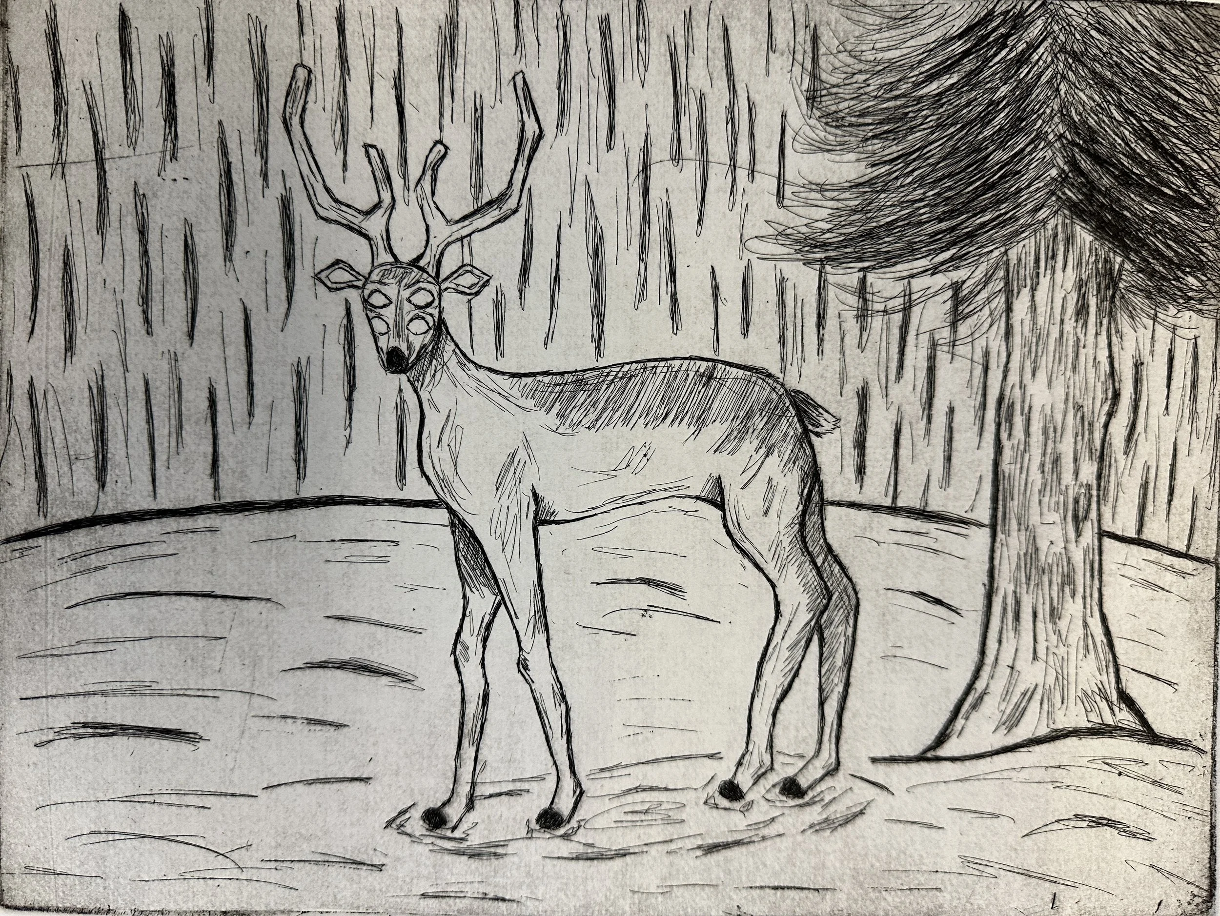 Weird Deer, copper plate etching, 2023
