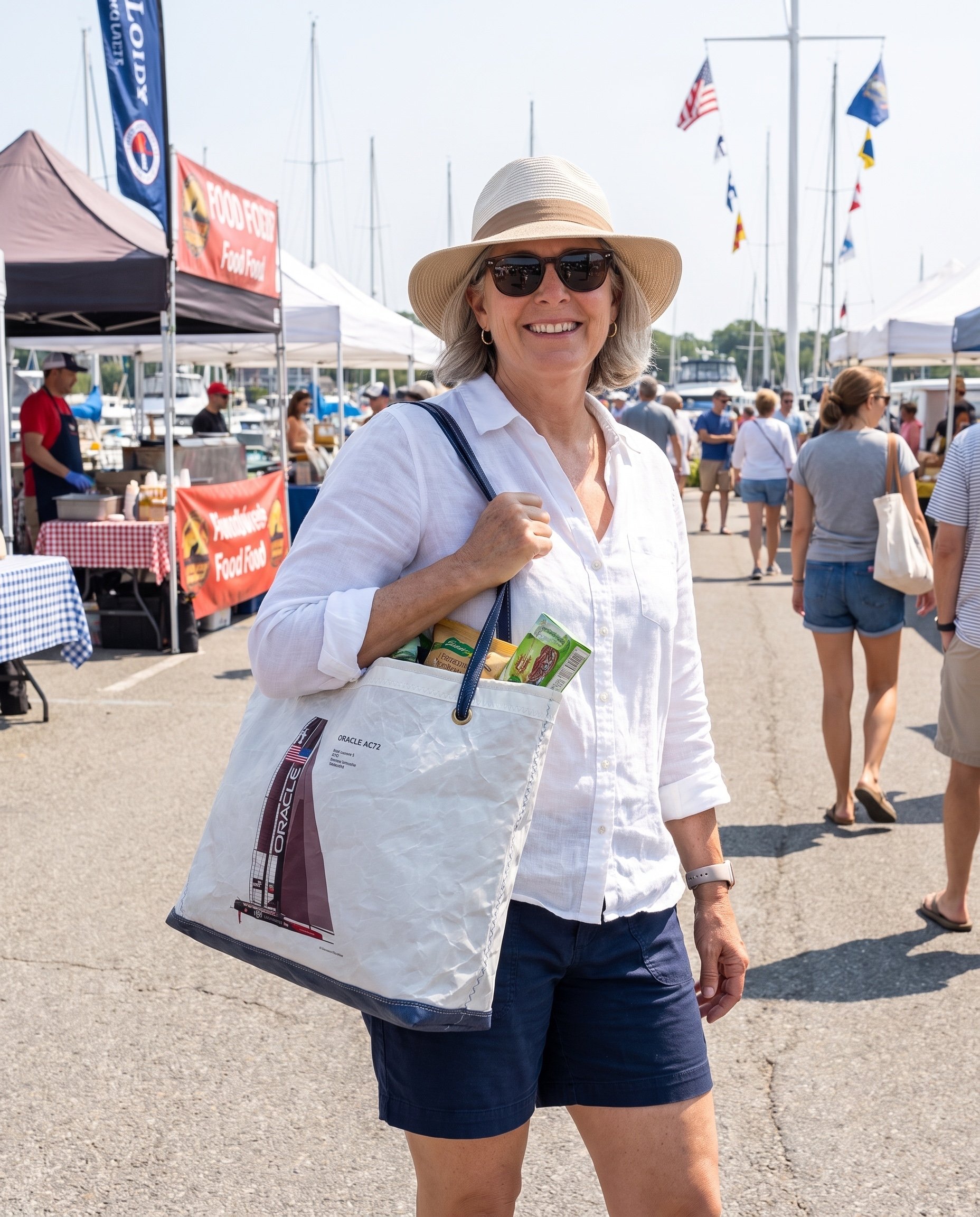 Smiling woman wearing a white sun hat, black sunglasses, a white shirt, and navy shorts, carrying a white tote bag with food items inside, at an outdoor event near a marina with flags and tents in the background.