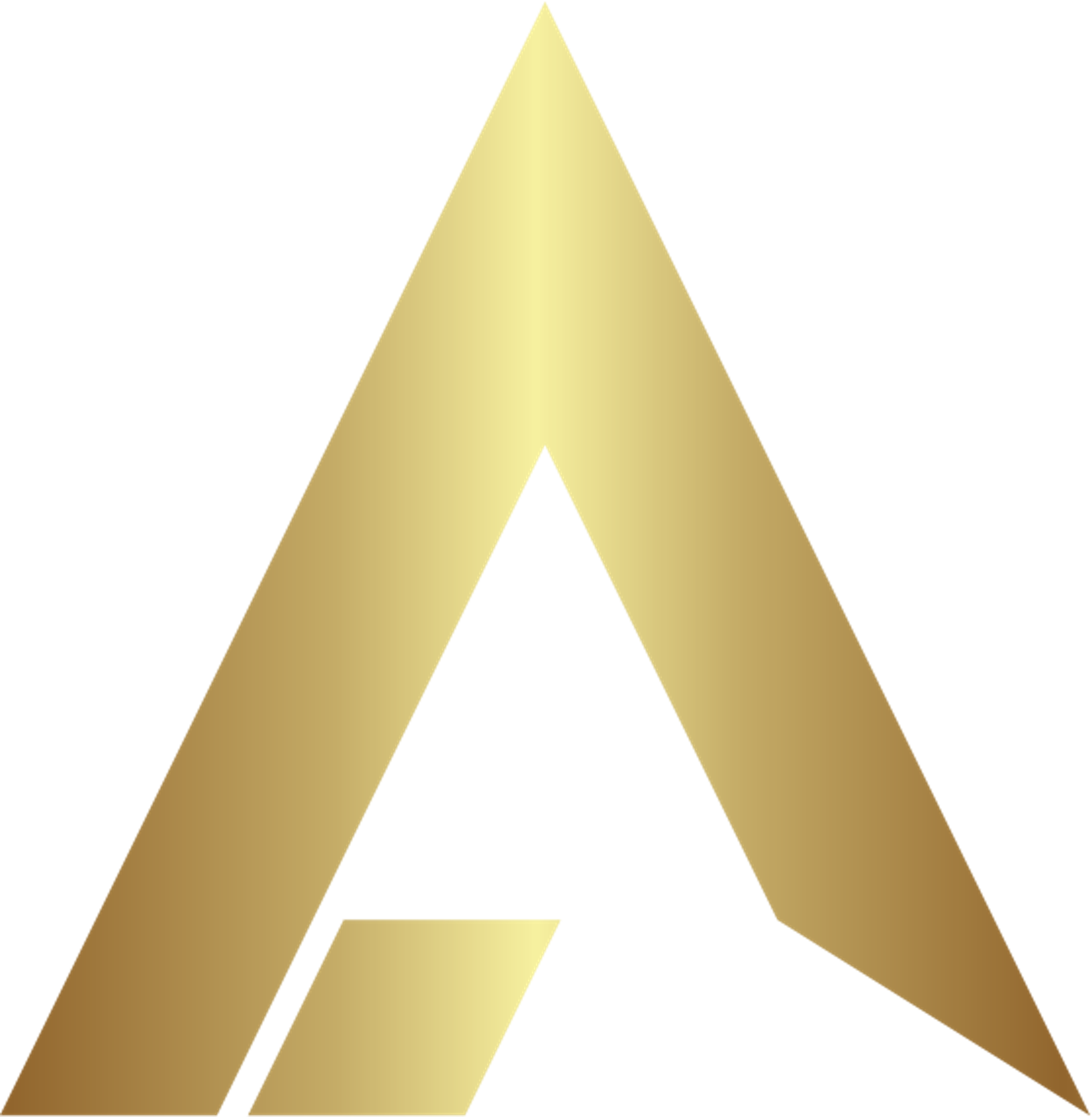 A geometric abstract design with large gold and black triangles forming a stylized letter 'A'