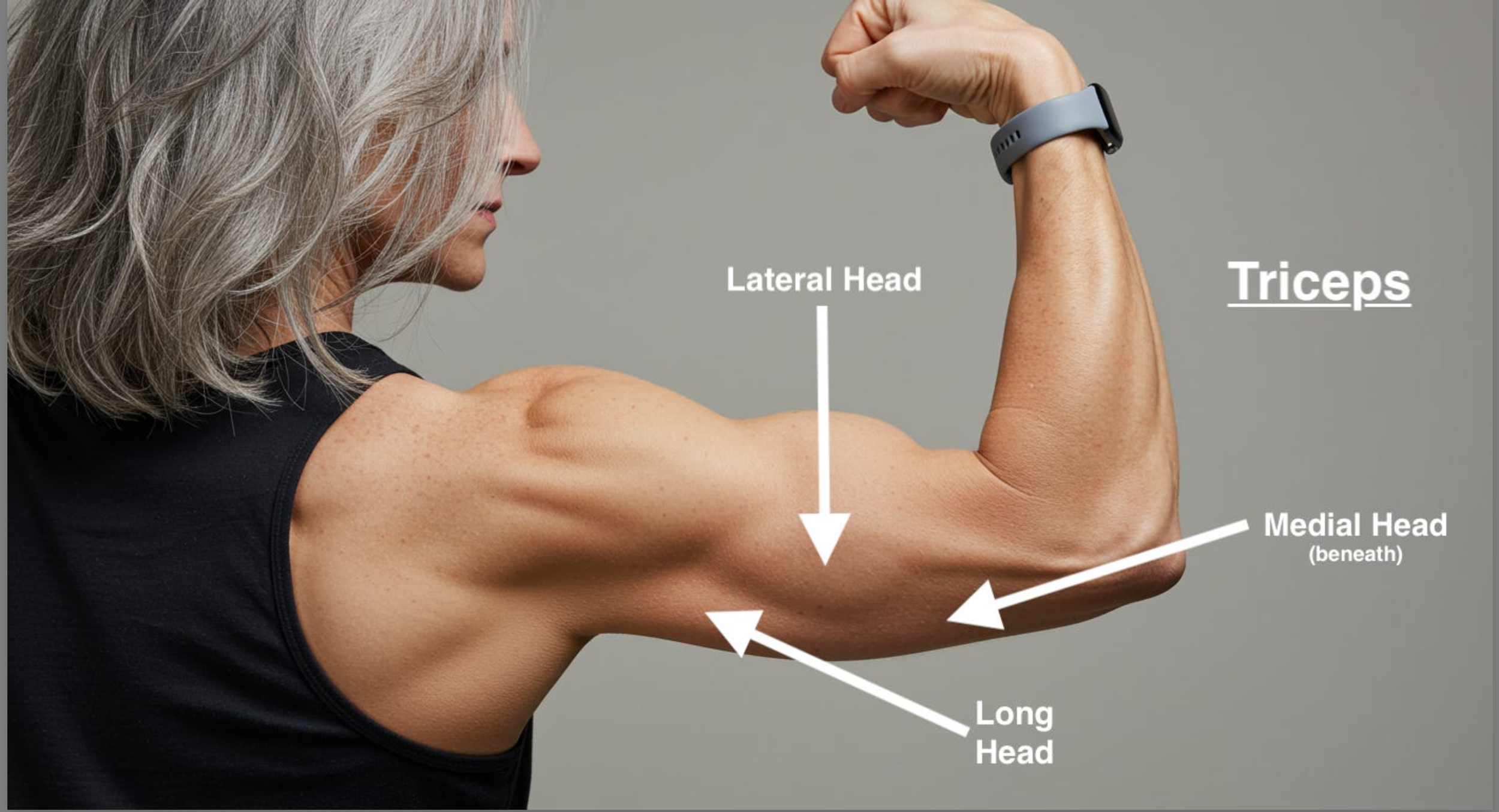 A woman flexing her left arm, showing her biceps with labels pointing to the lateral head, medial head, and long head of the triceps muscle.