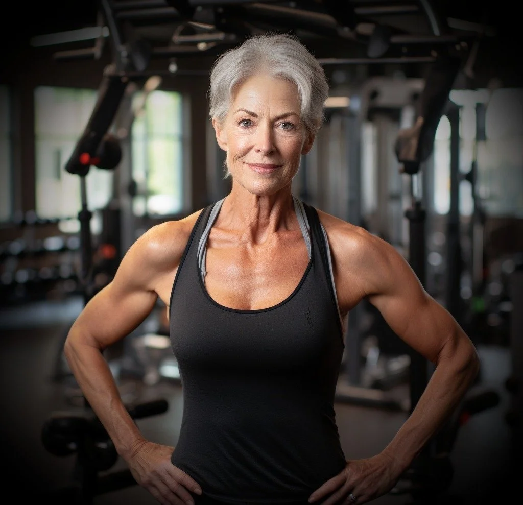 A fit older woman with short gray hair standing in a gym with hands on her hips, wearing a black tank top.