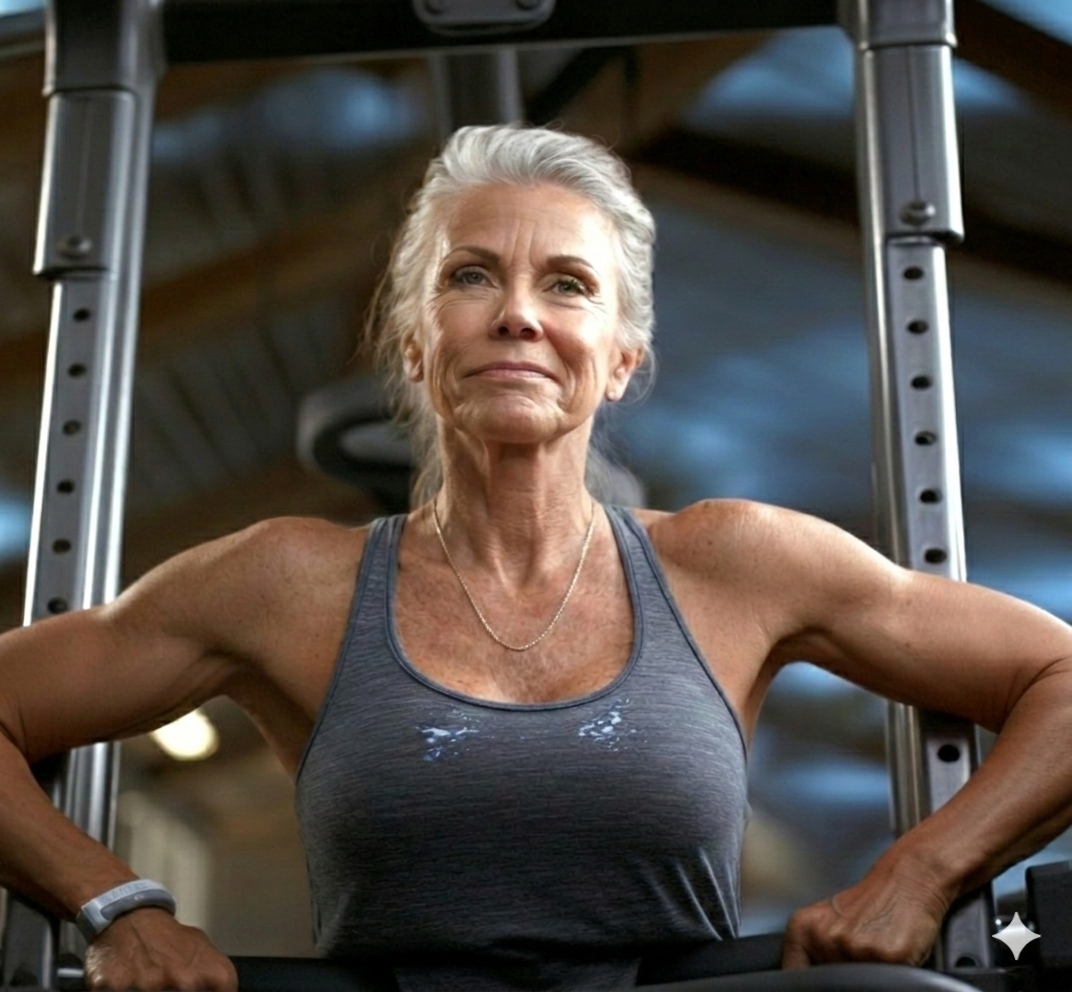 An elderly woman with gray hair in workout attire, standing with her arms on her hips inside a gym.
