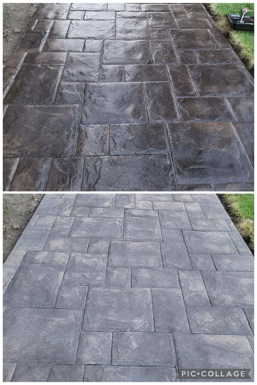 Stamped concrete pad in Medicine Hat showing sealed and unsealed comparison after professional concrete sealing