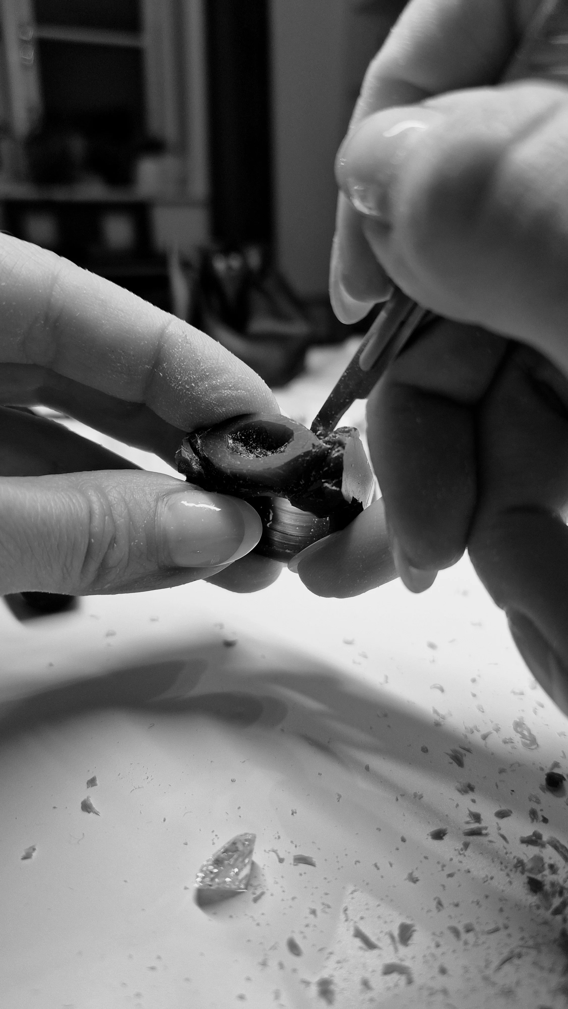 Alexandra Moroti hand-carving jewellery wax — lost wax casting process, independent goldsmith London