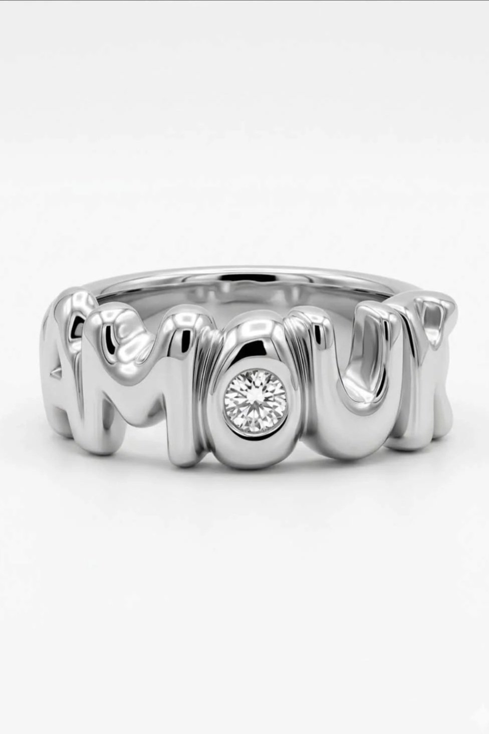 AMOUR Ring in sterling silver with bezel-set diamond — hand-carved limited edition ring, Atelier Moroti London