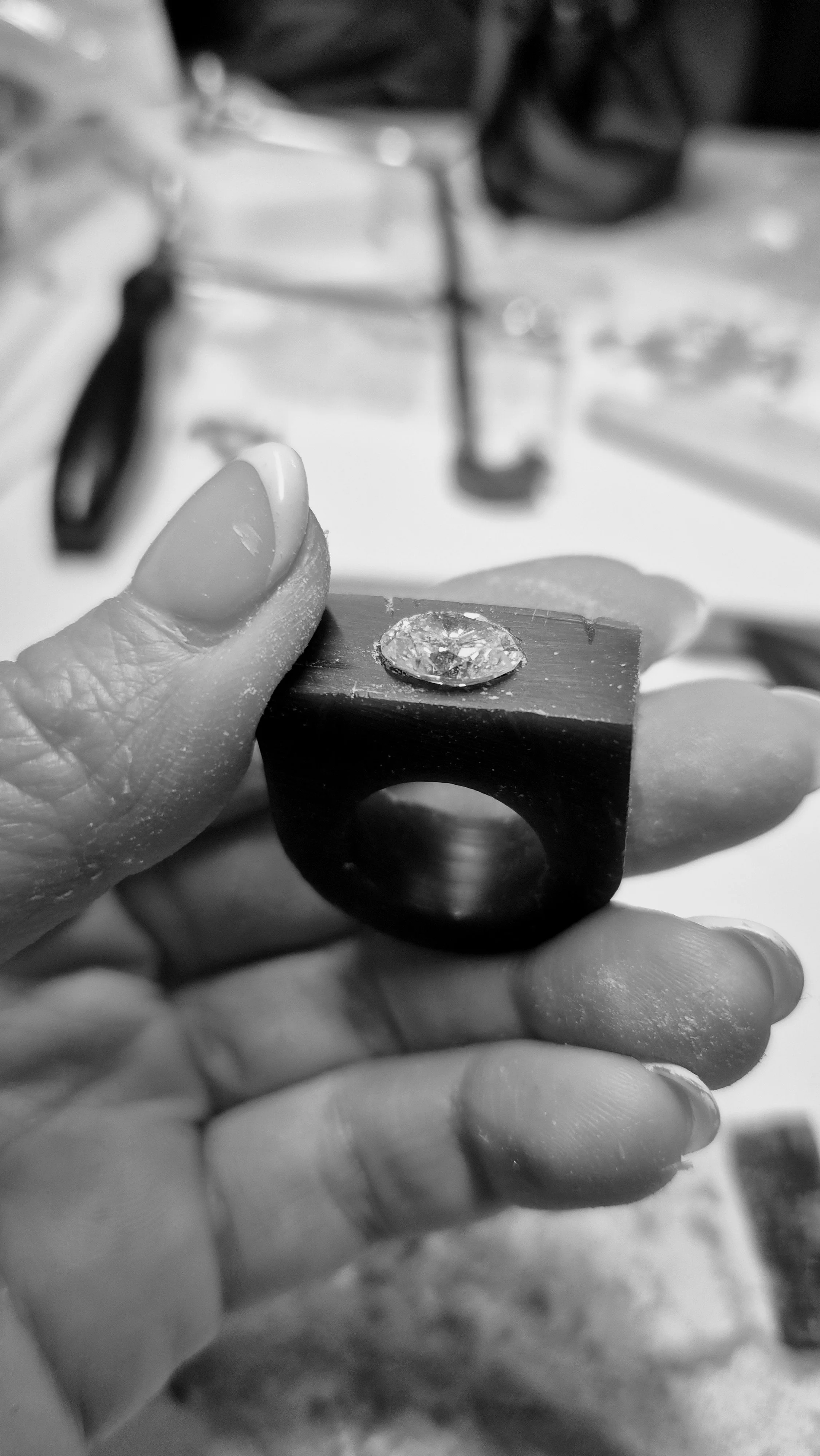 Stone setting by hand at the bench — Atelier Moroti fine jewellery process London