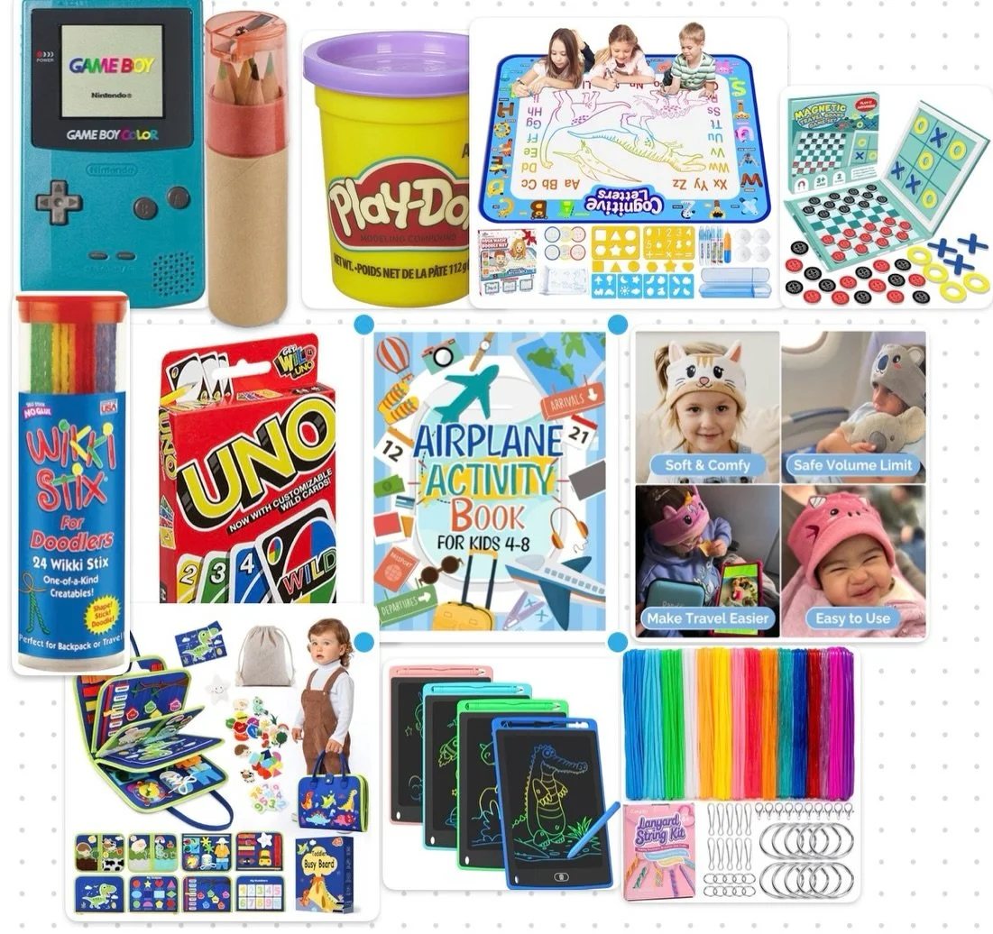 Some of our favorite travel toys and activities! Yes, we do devices with preloaded movies but our kids prefer activities. We keep the activities light weight and try to keep them put up leading up to the trip to make them more exciting on the trip. 
