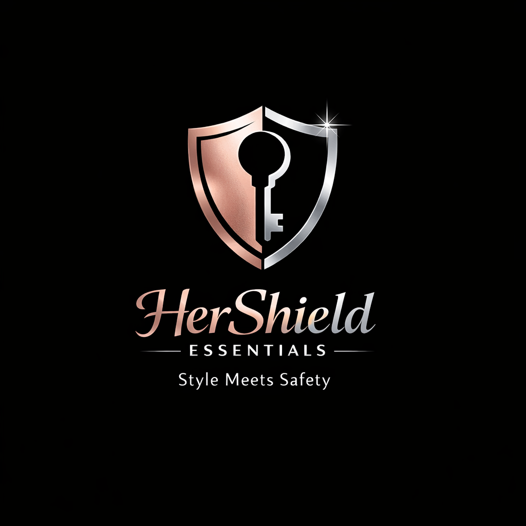 A logo for HerShield Essentials featuring a shield with a keyhole and a key, with the tagline 'Style Meets Safety' against a black background.