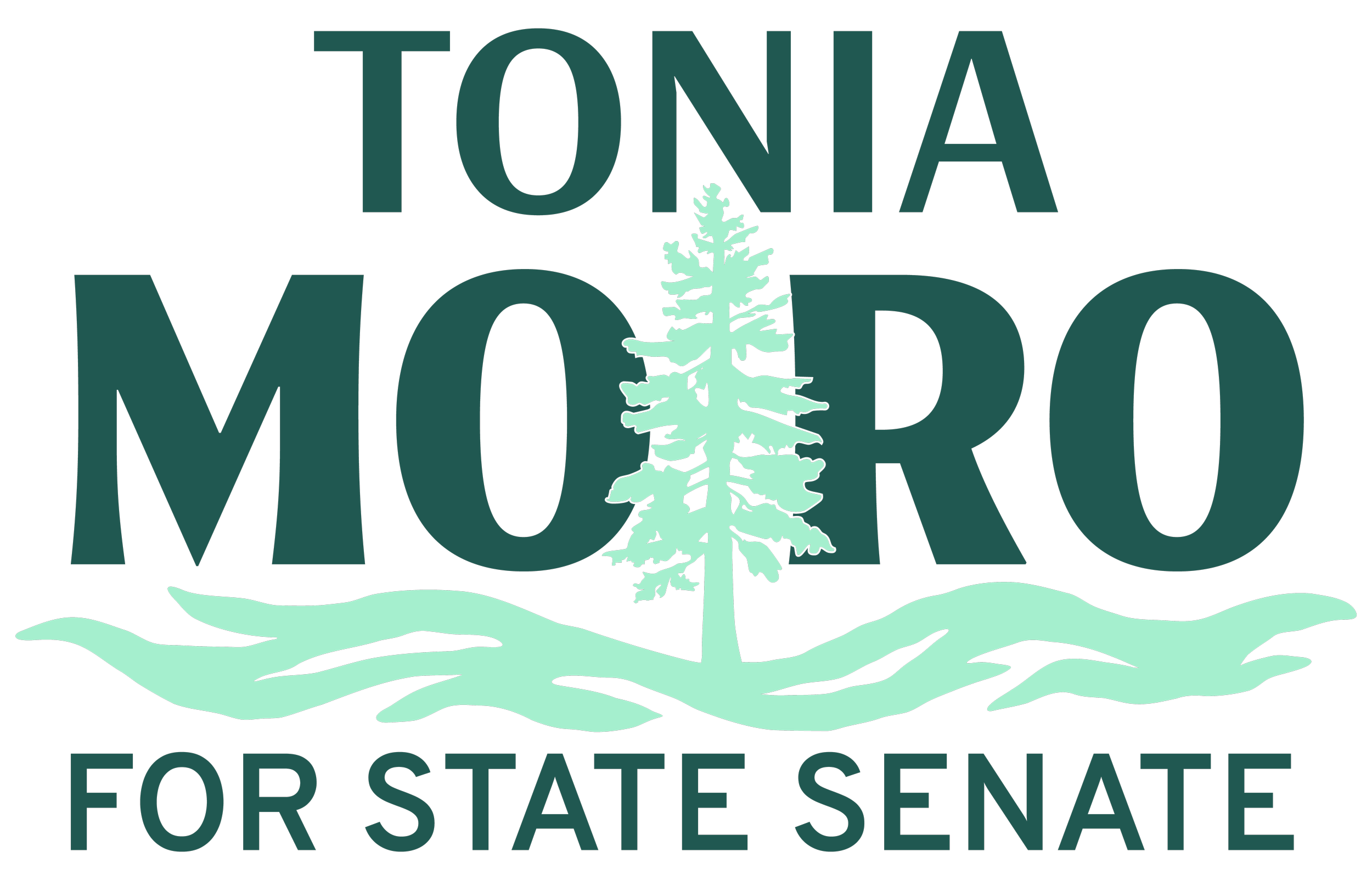 Campaign logo with name Tonia Moro, a pine tree illustration, waves, and the text 'For State Senate'