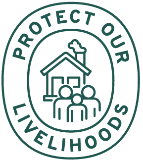 A circular logo with the words 'PROTECT OUR LIVELIHOODS' around the edge. In the center, there is a house with three people standing in front of it.