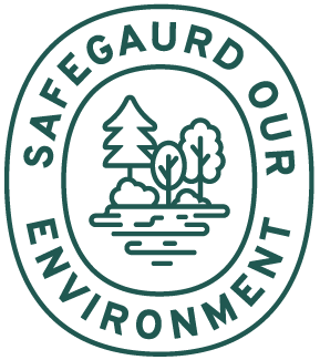 A circular emblem with the text 'SAFEGUARD OUR ENVIRONMENT' around the border. Inside, there are simple line drawings of a pine tree, a leafy tree, and a body of water with small waves.