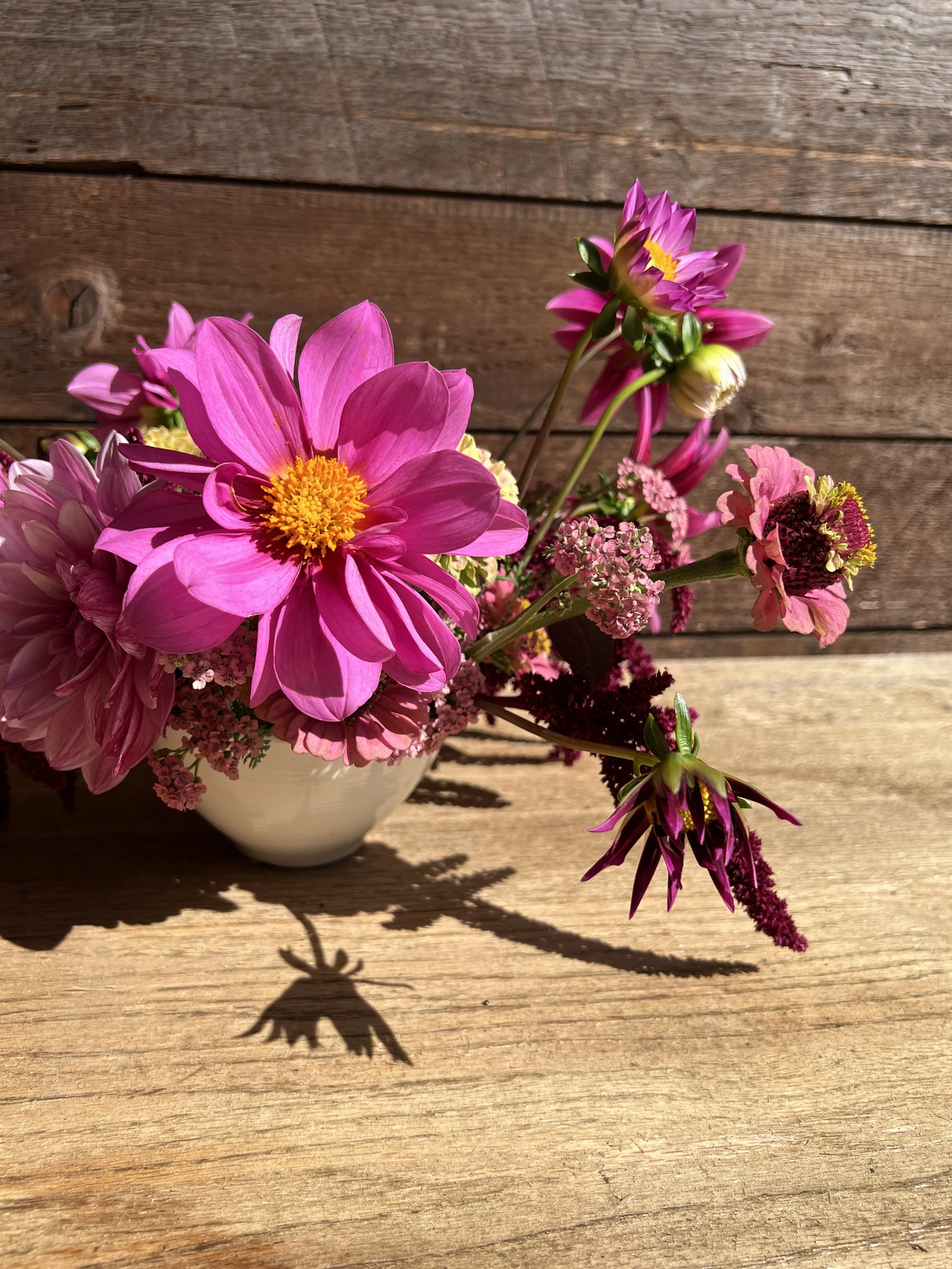 A bouquet of pink, purple, and yellow flowers in a white bowl on a wooden surface with a wooden background, casting a shadow.
