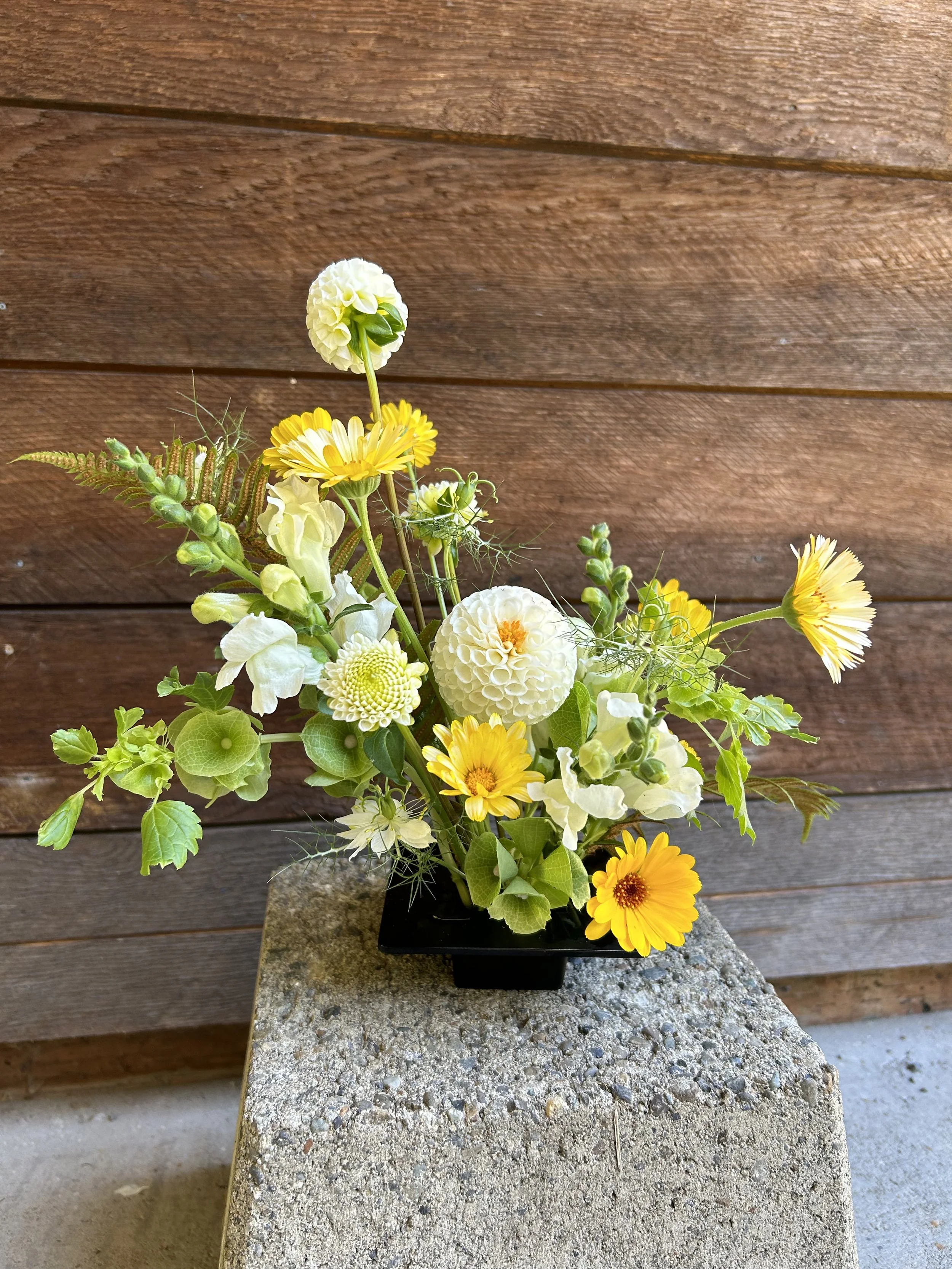 A floral arrangement with white, yellow, and green flowers and foliage in a black square vase, placed on a concrete pedestal against a wooden wall background.