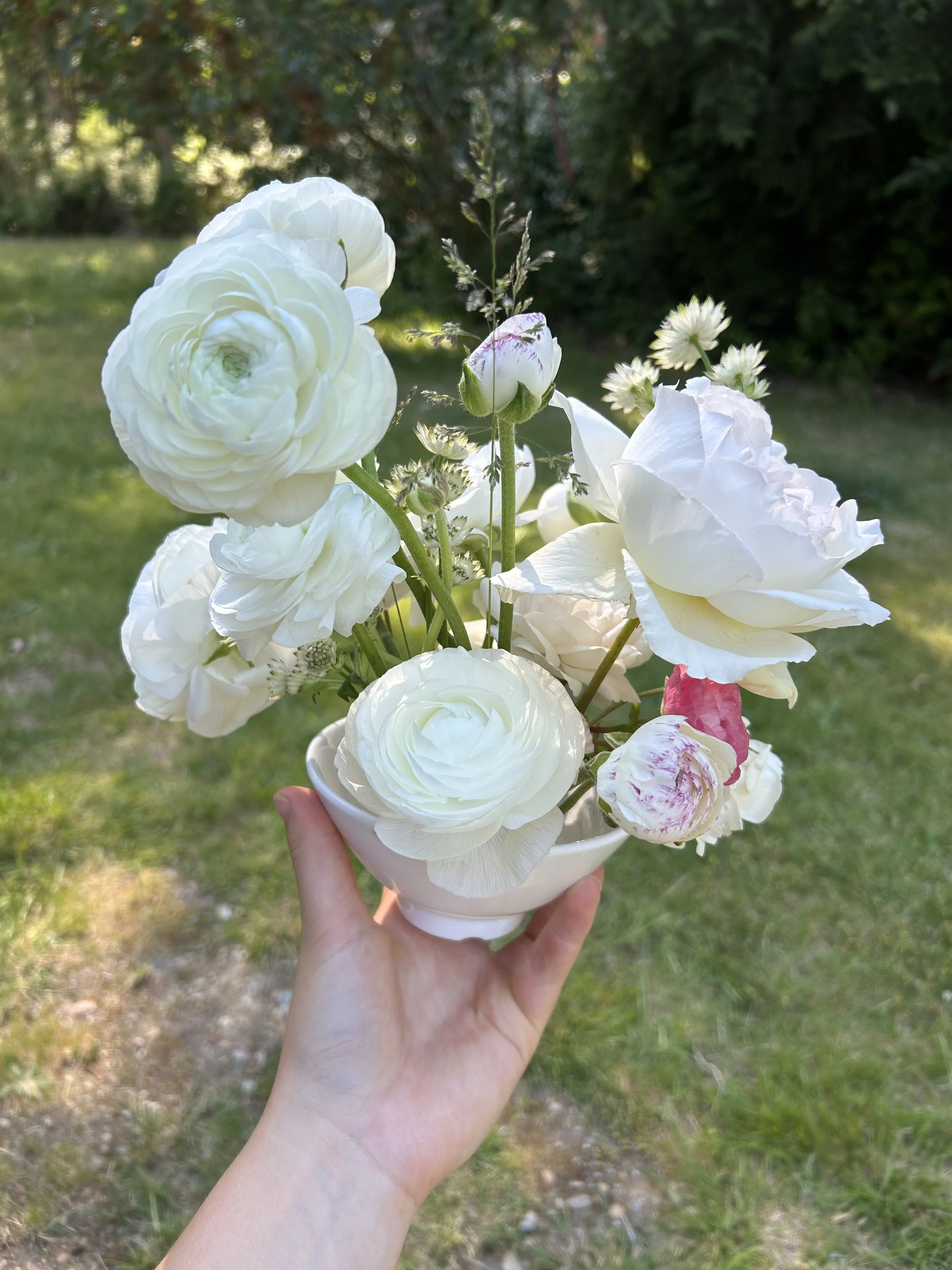 A hand holding a small white bowl filled with white and pink flowers, including roses and ranunculus, with a grassy area and trees in the background.