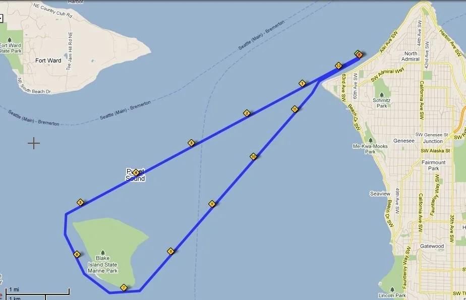 Map showing a boat route around Blake Island Marine Park near Seattle, Washington, with numbered waypoints and parking area marked.