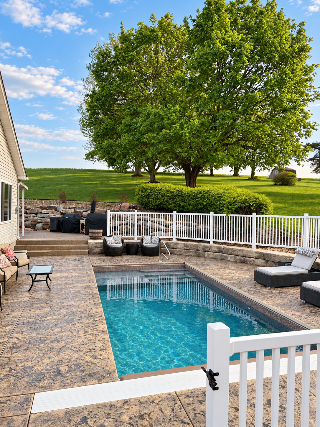 Backyard with in-ground swimming pool, patio furniture, grill, and green lawn with trees and blue sky.