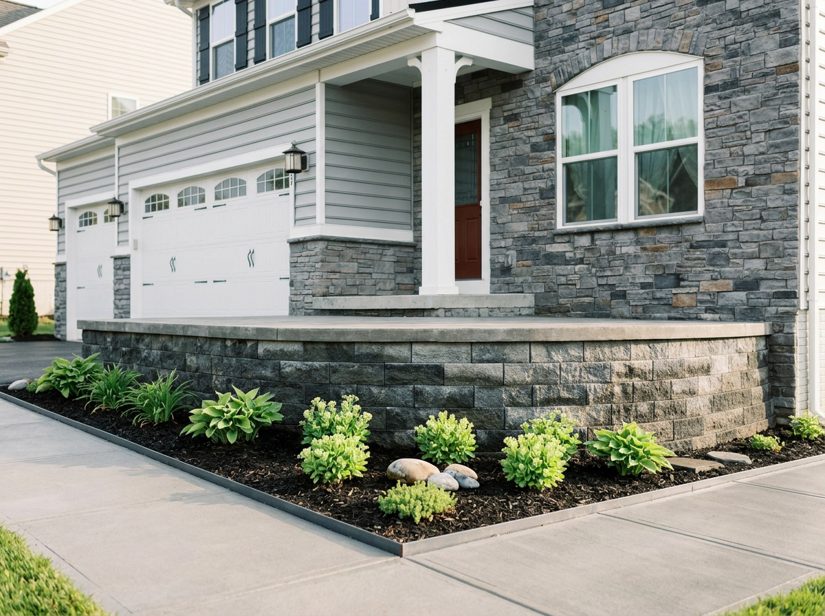 Exterior view of a house with a stone and siding facade, a driveway, and a front porch with steps, surrounded by landscaped plants and rocks.