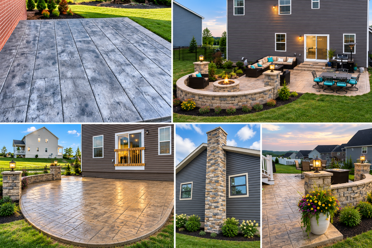 Multiple views of a backyard patio area with concrete flooring, outdoor furniture, a fire pit, a built-in grill, a stone chimney, decorative plants, lighting fixtures, and a landscaped yard with a fence.
