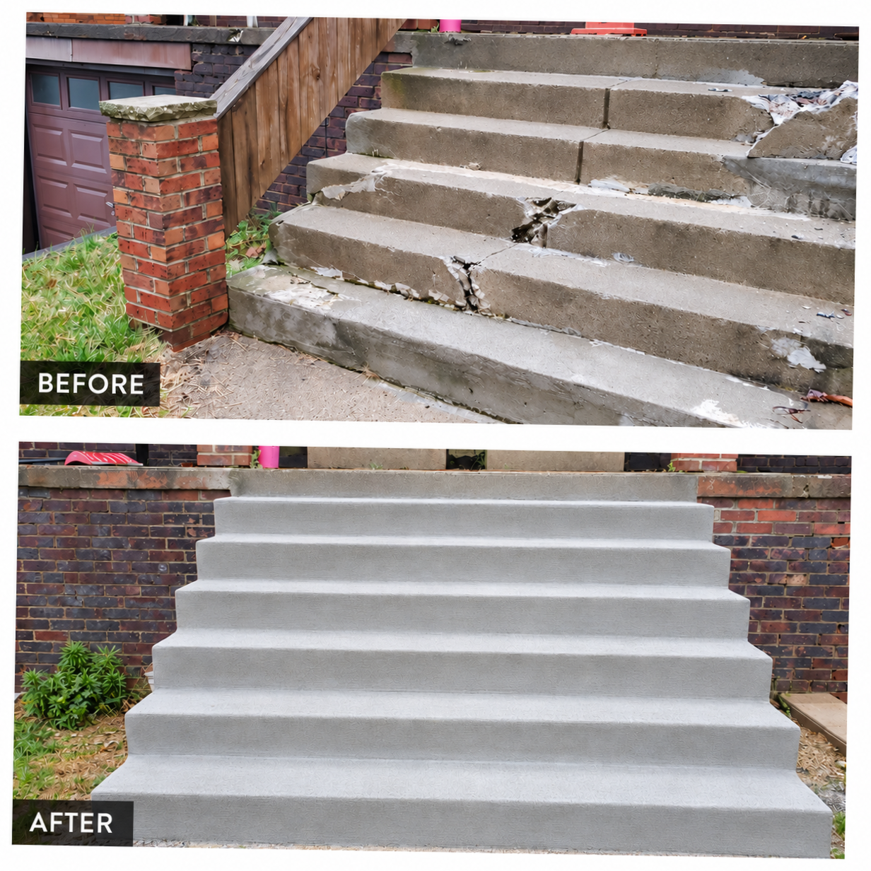 Comparison of outdoor stairs before and after renovation. The top image shows damaged, uneven concrete steps with cracks and debris, labeled 'BEFORE.' The bottom image shows smooth, freshly coated concrete stairs with a uniform appearance, labeled 'AFTER.'