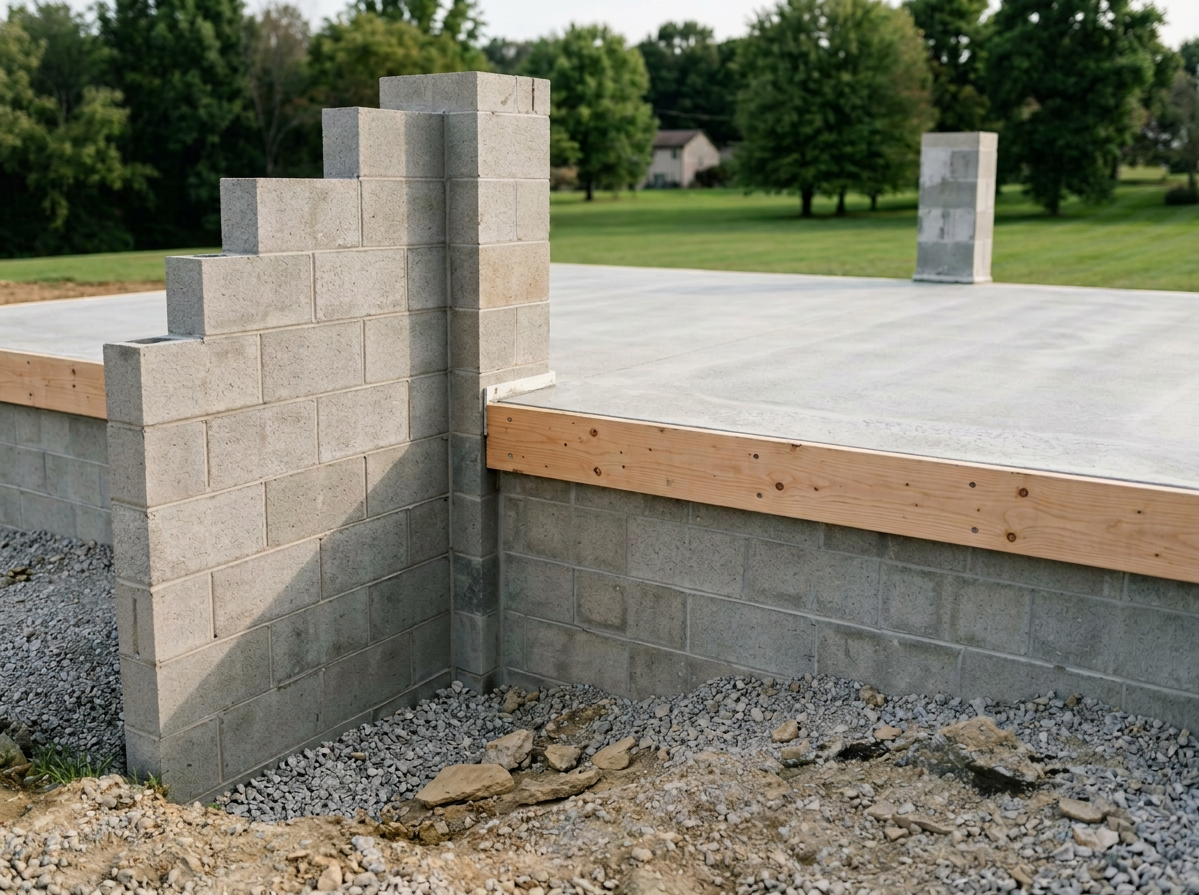 Construction site showing a partially built concrete block wall with a wooden frame and a concrete floor, surrounded by gravel and dirt, with trees and a house in the background.