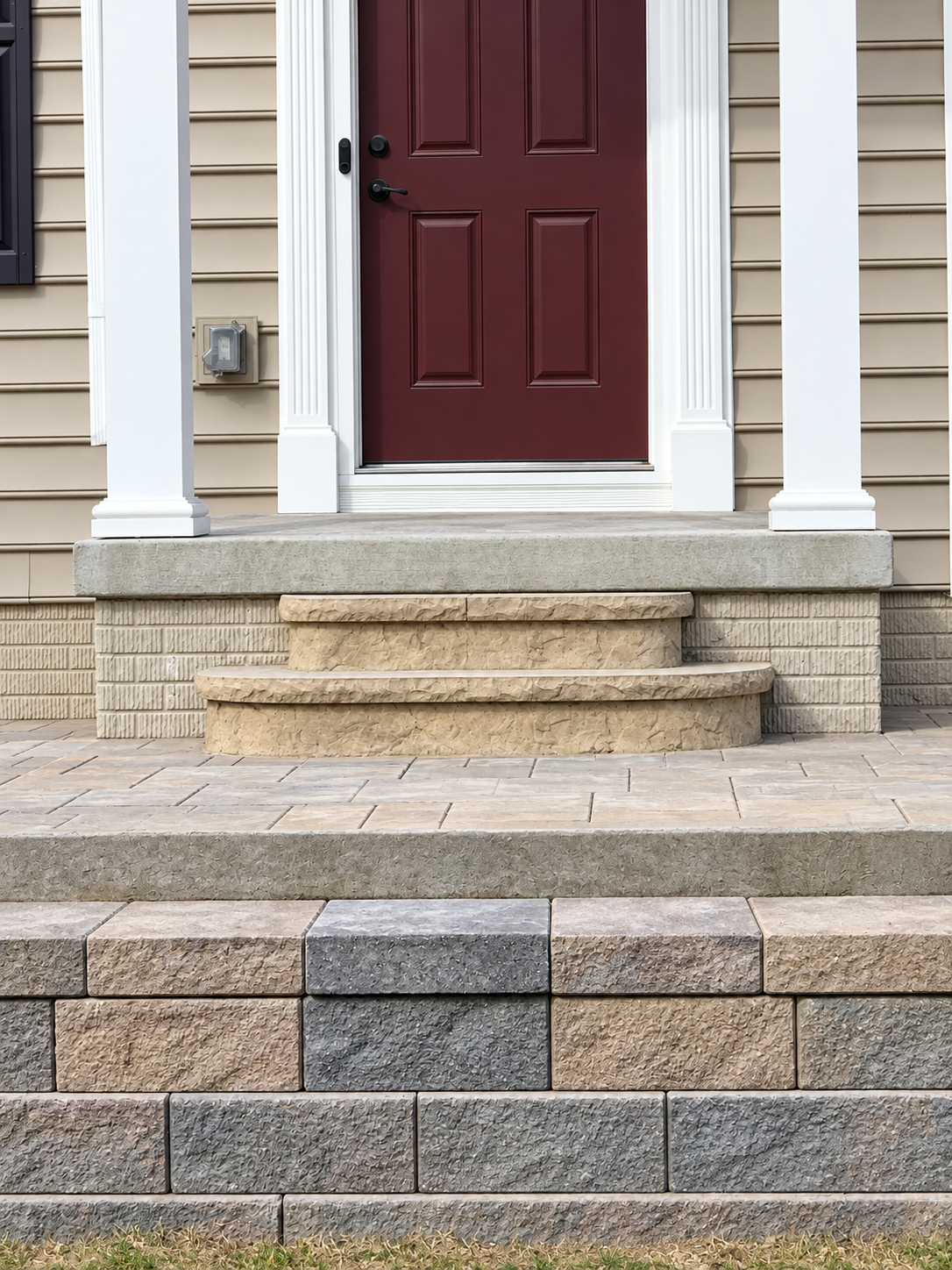Front entrance of a house featuring a red door, white porch columns, and stone stairs leading up to the porch.