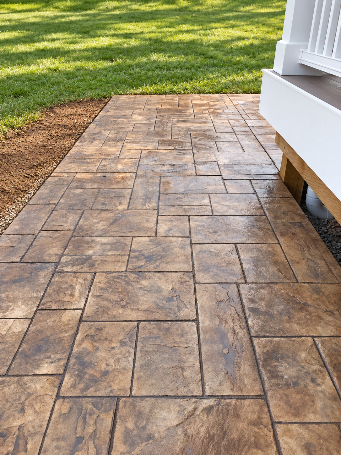 Patio with stamped concrete resembling natural stone, adjacent to a grassy lawn and white house porch.