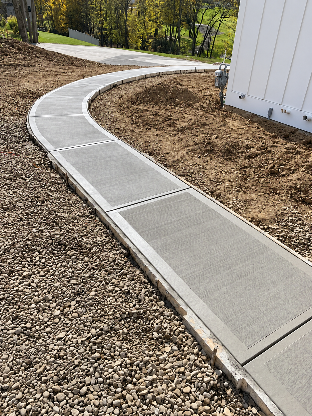 A newly constructed concrete sidewalk with expansion joints, curving alongside a hill with gravel on one side and a white building wall on the other, in a residential area with trees and greenery in the background.