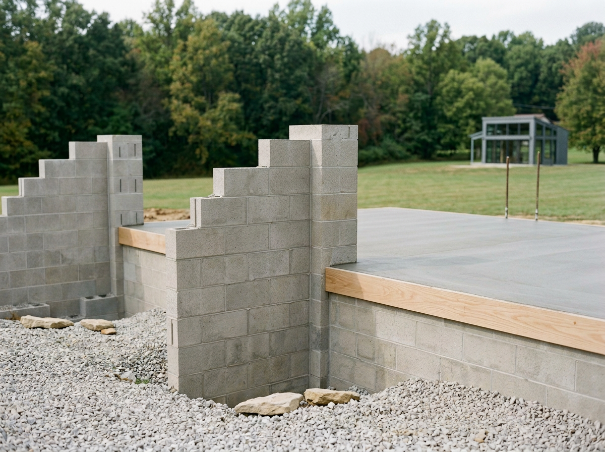 Partial construction of a concrete block wall on a concrete slab foundation with a wooden helper beam, set in a grassy field with trees and a modern glass building in the background.