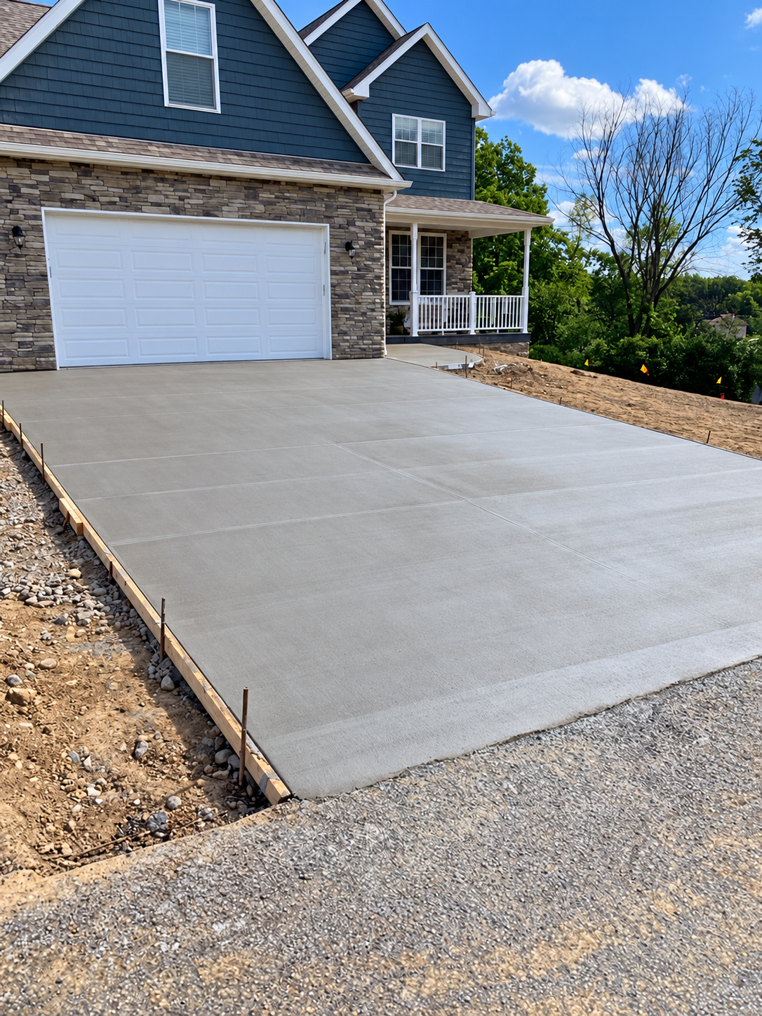 Freshly poured concrete driveway in front of a house with a blue exterior, stone accents, and a small porch, with trees and blue sky in the background.