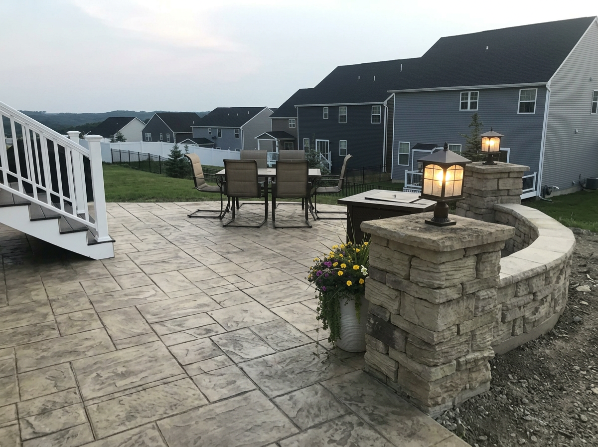 Backyard patio with stone flooring, outdoor dining table with chairs, a stone railing with lanterns, and a flower pot with yellow and purple flowers.